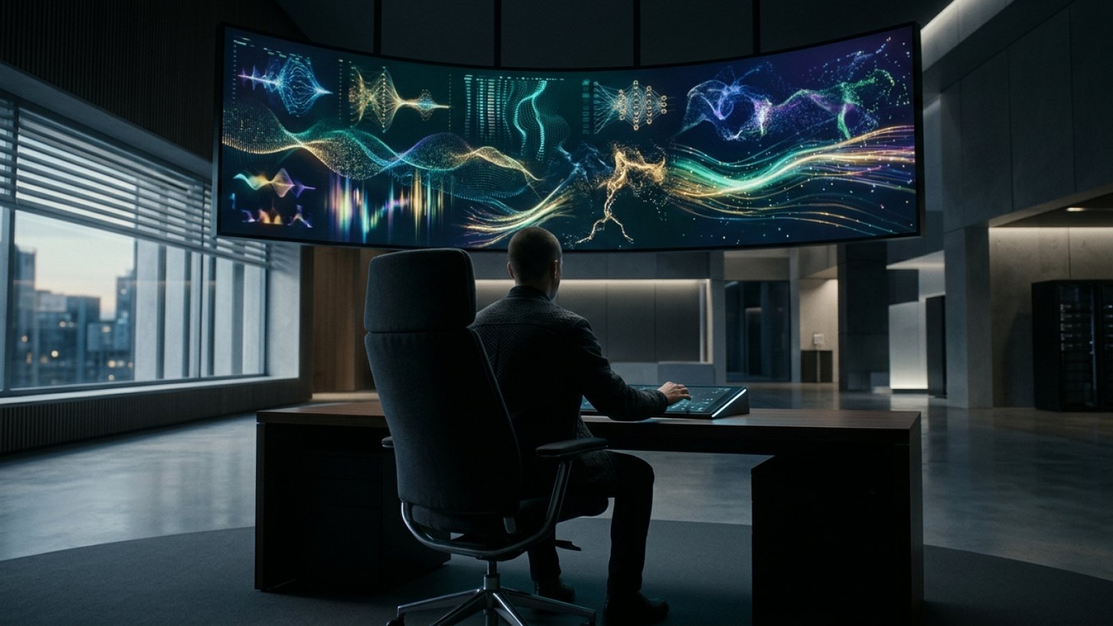 A human hand gently guiding a glowing digital light path across a dark, abstract data landscape.